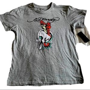 Ed Hardy Women’s Gray T Shirt Medium Skull & Butterfly Graphic Print NWT